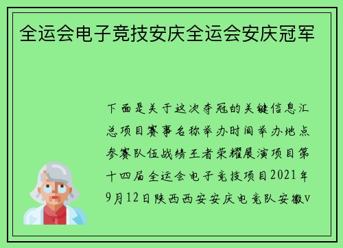 全运会电子竞技安庆全运会安庆冠军